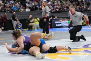 Palmyras Evelyn Bryan-Aldrich pins Honey Luby Bartling of Summerland during Nebraska Girls Wrestling on Feb 17, 2026, in Omaha, Nebraska. Photo by Brandon Tiedemann