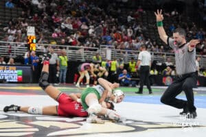 Skutt Catholics Kaylyn Harrill pins Millard Souths Aliviah Mausbach during Nebraska Girls Wrestling Quarterfinals on Feb 17, 2026, in Omaha, Nebraska. Photo by Brandon Tiedemann