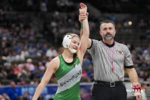 Skutt Catholics Kaylyn Harrill during Nebraska Girls Wrestling Quarterfinals on Feb 17, 2026, in Omaha, Nebraska. Photo by Brandon Tiedemann