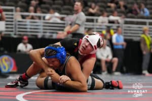 Westside's Addeline Graser holds Millard Norths Nevail Toft during Nebraska Girls Wrestling Quarterfinals on Feb 17, 2026, in Omaha, Nebraska. Photo by Brandon Tiedemann