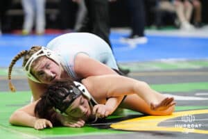 Lakeview's Emma Finecy looks to pin Wilber-Clatonia Girls Faith Klabenes during Nebraska Girls Wrestling Quarterfinals on Feb 17, 2026, in Omaha, Nebraska. Photo by Brandon Tiedemann