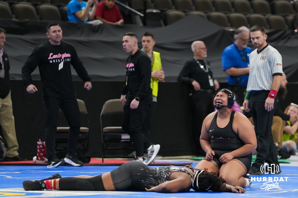Lexingtons Ashley Najera cries after pinning Omaha Buena Vistas Sandra Takara during Nebraska Girls Wrestling Quarterfinals on Feb 17, 2026, in Omaha, Nebraska. Photo by Brandon Tiedemann