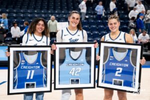 Creighton Bluejay Kiani Loockett (11), Grace Boffeli (42) & Kennedy Townsend (2) during a college women’s basketball game Sunday, Feb. 15, 2026, in Omaha, Nebraska. Photo by Jackson D. Luethje.