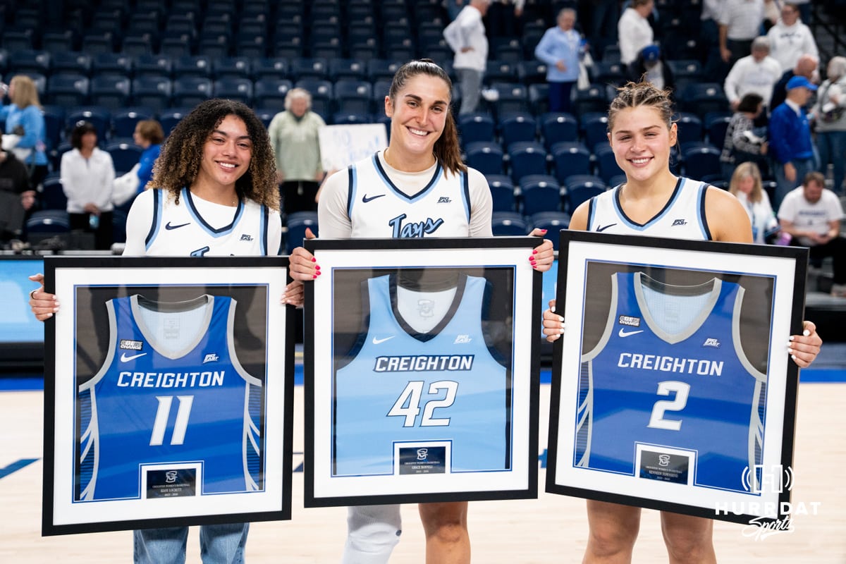 Creighton Bluejay Kiani Loockett (11), Grace Boffeli (42) & Kennedy Townsend (2) during a college women’s basketball game Sunday, Feb. 15, 2026, in Omaha, Nebraska. Photo by Jackson D. Luethje.