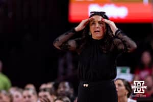 Nebraska Cornhusker head coach Amy Williams reacts to the action on the court against the Iowa Hawkeyes in the third quarter during a college basketball game on Monday, Feb. 16, 2026, in Lincoln, Nebraska. Photo by John S. Peterson.