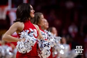 Nebraska Cornhuskers Scarlets dance team perform at a break against the Iowa Hawkeyes during a college basketball game on Monday, Feb. 16, 2026, in Lincoln, Nebraska. Photo by John S. Peterson.