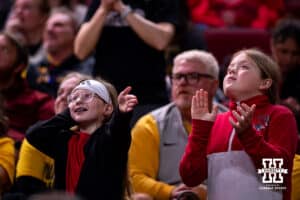 Nebraska Cornhusker fans cheering on the Huskers against the Iowa Hawkeyes during a college basketball game on Monday, Feb. 16, 2026, in Lincoln, Nebraska. Photo by John S. Peterson.