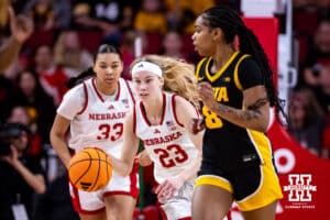 Nebraska Cornhusker guard Britt Prince (23) dribbles the ball down the court against the Iowa Hawkeyes in the second quarter during a college basketball game on Monday, Feb. 16, 2026, in Lincoln, Nebraska. Photo by John S. Peterson.