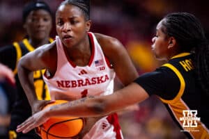 Nebraska Cornhusker guard Hailey Weaver (1) drives to the basket against the Iowa Hawkeyes in the second quarter during a college basketball game on Monday, Feb. 16, 2026, in Lincoln, Nebraska. Photo by John S. Peterson.
