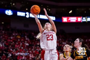 Nebraska Cornhusker guard Britt Prince (23) makes a lay up against the Iowa Hawkeyes in the second quarter during a college basketball game on Monday, Feb. 16, 2026, in Lincoln, Nebraska. Photo by John S. Peterson.