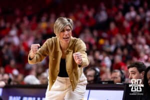 Iowa Hawkeye head coach Jan Jensen reacts to the action on the court against the Nebraska Cornhuskers during a college basketball game on Monday, Feb. 16, 2026, in Lincoln, Nebraska. Photo by John S. Peterson.