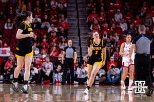 Iowa Hawkeye guard Taylor Stremlow (1) celebrates a three point basket against the Nebraska Cornhuskers during a college basketball game on Monday, Feb. 16, 2026, in Lincoln, Nebraska. Photo by John S. Peterson.