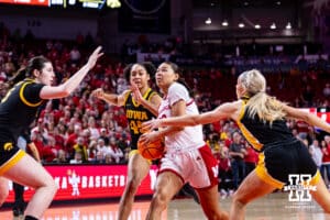 Nebraska Cornhusker forward Amiah Hargrove (33) drives to the basket for a lay up against the Iowa Hawkeyes during a college basketball game on Monday, Feb. 16, 2026, in Lincoln, Nebraska. Photo by John S. Peterson.