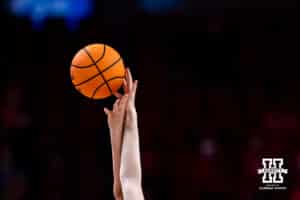 Iowa Hawkeye center Ava Heiden (5) wins the tip against Nebraska Cornhusker forward Jessica Petrie (12) during a college basketball game on Monday, Feb. 16, 2026, in Lincoln, Nebraska. Photo by John S. Peterson.