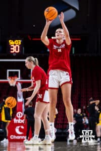 Nebraska Cornhusker forward Jessica Petrie (12) warms up shooting a jump shot before taking on the Iowa Hawkeyes during a college basketball game on Monday, Feb. 16, 2026, in Lincoln, Nebraska. Photo by John S. Peterson.