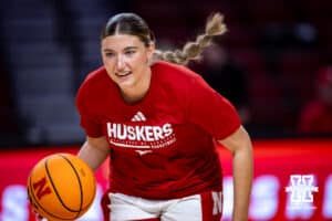 Nebraska Cornhusker guard Logan Nissley (2) warms up with dribbling drill before taking on the Iowa Hawkeyes during a college basketball game on Monday, Feb. 16, 2026, in Lincoln, Nebraska. Photo by John S. Peterson.