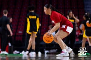 Nebraska Cornhusker guard Kennadi Williams (15) warms up doing dribbling drills before taking on the Iowa Hawkeyes during a college basketball game on Monday, Feb. 16, 2026, in Lincoln, Nebraska. Photo by John S. Peterson.