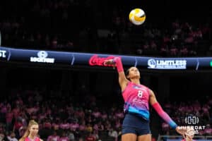 Omaha Supernova Reagan Cooper (8) warms up before a major league volleyball match against the Orlando Valkyries on Feb 15, 2026, in Omaha, Nebraska. Photo by Brandon Tiedemann