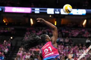 Omaha Supernova Toyosi Onabanjo (21) hits the ball during a major league volleyball match against the Orlando Valkyries on Feb 15, 2026, in Omaha, Nebraska. Photo by Brandon Tiedemann