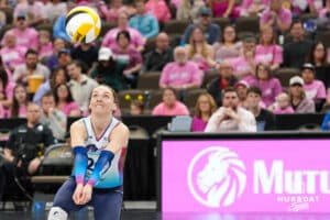 Omaha Supernova Allison Holder (20) bumps the ball during a major league volleyball match against the Orlando Valkyries on Feb 15, 2026, in Omaha, Nebraska. Photo by Brandon Tiedemann