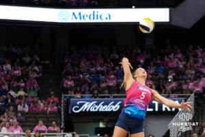 Omaha Supernova Brooke Nuneviller (5) serves during a major league volleyball match against the Orlando Valkyries on Feb 15, 2026, in Omaha, Nebraska. Photo by Brandon Tiedemann