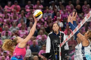 Omaha Supernova Brooke Nuneviller (5) hits the ball during a major league volleyball match against the Orlando Valkyries on Feb 15, 2026, in Omaha, Nebraska. Photo by Brandon Tiedemann