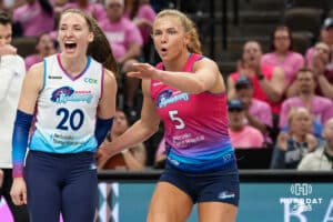 Omaha Supernovas Allison Holder (20) and Brooke Nuneviller (5) celebrate a block during a major league volleyball match against the Orlando Valkyries on Feb 15, 2026, in Omaha, Nebraska. Photo by Brandon Tiedemann