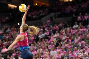 Omaha Supernova Sydney Hilley (2) serves during a major league volleyball match against the Orlando Valkyries on Feb 15, 2026, in Omaha, Nebraska. Photo by Brandon Tiedemann