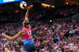 Omaha Supernova Janice Leao (17) serves during a major league volleyball match against the Orlando Valkyries on Feb 15, 2026, in Omaha, Nebraska. Photo by Brandon Tiedemann