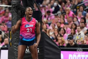 Omaha Supernova Toyosi Onabanjo (21) cheers after a block during a major league volleyball match against the Orlando Valkyries on Feb 15, 2026, in Omaha, Nebraska. Photo by Brandon Tiedemann