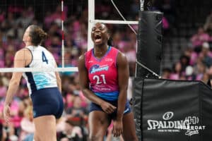 Omaha Supernova Toyosi Onabanjo (21) cheers during a major league volleyball match against the Orlando Valkyries on Feb 15, 2026, in Omaha, Nebraska. Photo by Brandon Tiedemann