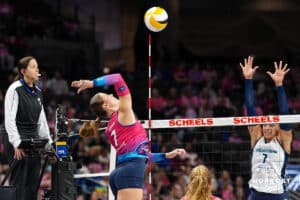 Omaha Supernova Norah TeBrake (7) hits the ball during a major league volleyball match against the Orlando Valkyries on Feb 15, 2026, in Omaha, Nebraska. Photo by Brandon Tiedemann