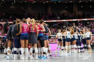 Omaha Supernovas huddle after a major league volleyball match against the Orlando Valkyries on Feb 15, 2026, in Omaha, Nebraska. Photo by Brandon Tiedemann