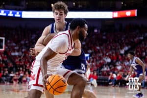 Nebraska Cornhusker forward Jared Garcia (15) drive to the basket against Northwestern Wildcat guard Angelo Ciaravino (44) in the second half during a college basketball game on Saturday, Feb. 14, 2026, in Lincoln, Nebraska. Photo by John S. Peterson.