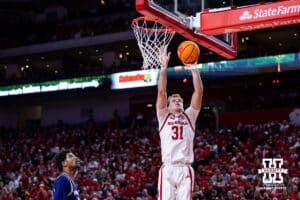 Nebraska Cornhusker guard Cale Jacobsen (31) makes an easy lay up against the Northwestern Wildcats in the second half during a college basketball game on Saturday, Feb. 14, 2026, in Lincoln, Nebraska. Photo by John S. Peterson.