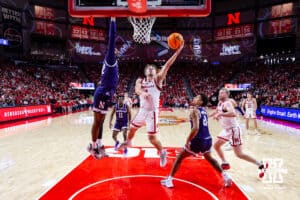 Nebraska Cornhusker guard Sam Hoiberg (1) makes a lay up against the Northwestern Wildcats in the first half during a college basketball game on Saturday, Feb. 14, 2026, in Lincoln, Nebraska. Photo by John S. Peterson.