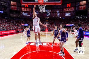Nebraska Cornhusker guard Sam Hoiberg (1) makes a lay up against the Northwestern Wildcats in the first half during a college basketball game on Saturday, Feb. 14, 2026, in Lincoln, Nebraska. Photo by John S. Peterson.