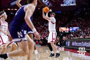 Nebraska Cornhusker forward Braden Frager (5) makes a three point basket against the Northwestern Wildcats in the first half during a college basketball game on Saturday, Feb. 14, 2026, in Lincoln, Nebraska. Photo by John S. Peterson.