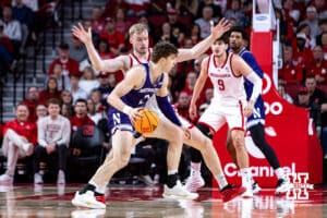 Nebraska Cornhusker forward Rienk Mast (51) guards Northwestern Wildcat forward Nick Martinelli (2) in the first half during a college basketball game on Saturday, Feb. 14, 2026, in Lincoln, Nebraska. Photo by John S. Peterson.