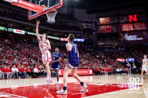 Nebraska Cornhusker forward Pryce Sandfort (21) makes a basket against the Northwestern Wildcats in the first half during a college basketball game on Saturday, Feb. 14, 2026, in Lincoln, Nebraska. Photo by John S. Peterson.