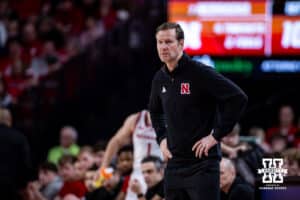 Nebraska Cornhusker head coach Fred Hoiberg watches the action on the court against the Northwestern Wildcats during a college basketball game on Saturday, Feb. 14, 2026, in Lincoln, Nebraska. Photo by John S. Peterson.