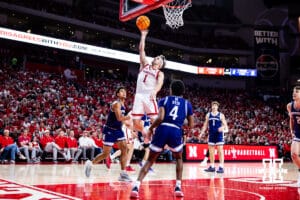Nebraska Cornhusker guard Sam Hoiberg (1) makes a lay up against the Northwestern Wildcats in the first half during a college basketball game on Saturday, Feb. 14, 2026, in Lincoln, Nebraska. Photo by John S. Peterson.
