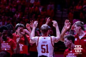 Nebraska Cornhusker forward Rienk Mast (51) introduced before taking on the Northwestern Wildcats during a college basketball game on Saturday, Feb. 14, 2026, in Lincoln, Nebraska. Photo by John S. Peterson.