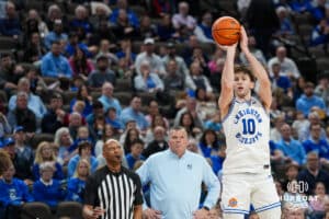 Creighton Bluejay Hudson Greer (10) shoots a three pointer during a college basketball game against Villanova on Feb 14, 2026, in Omaha, Nebraska. Photo by Brandon Tiedemann