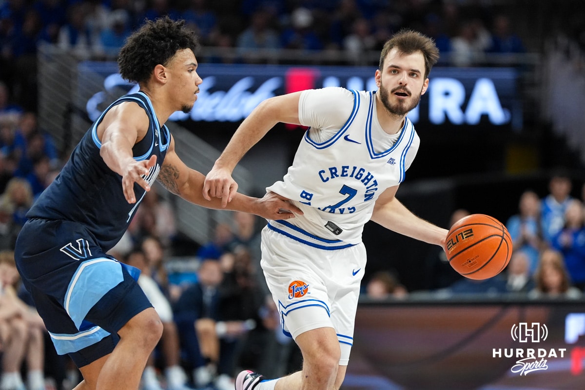 Creighton Bluejay Fedor Žugić (7) looks to pass during a college basketball game against Villanova on Feb 14, 2026, in Omaha, Nebraska. Photo by Brandon Tiedemann