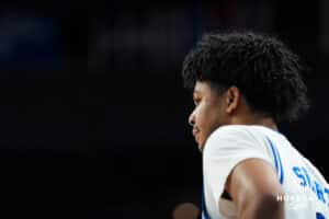 Creighton Bluejay Austin Swartz (1) looks at the play call during a college basketball game against Villanova on Feb 14, 2026, in Omaha, Nebraska. Photo by Brandon Tiedemann