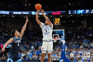 Creighton Bluejay Austin Swartz (1) shoots a three pointer during a college basketball game against Villanova on Feb 14, 2026, in Omaha, Nebraska. Photo by Brandon Tiedemann