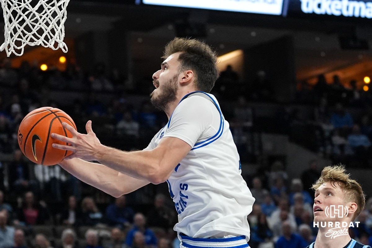 Creighton Bluejay Fedor Žugić (7) shoots a layup during a college basketball game against Villanova on Feb 14, 2026, in Omaha, Nebraska. Photo by Brandon Tiedemann