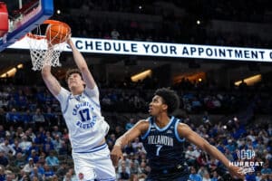 Creighton Bluejay Kerem Konan (17) dunks during a college basketball game against Villanova on Feb 14, 2026, in Omaha, Nebraska. Photo by Brandon Tiedemann
