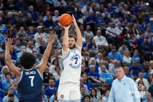 Creighton Bluejay Fedor Žugić (7) shoots a three pointer during a college basketball game against Villanova on Feb 14, 2026, in Omaha, Nebraska. Photo by Brandon Tiedemann